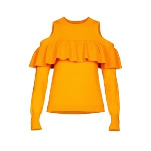 Sofia Jeans by Sofia Vergara Neon Orange Cold Shoulder Ruffled Sweater